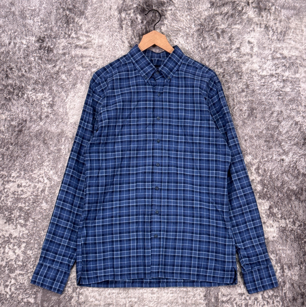 Proper Cloth Dress Shirt 16.5 / 37 Mens Cotton Linen Blue Plaid